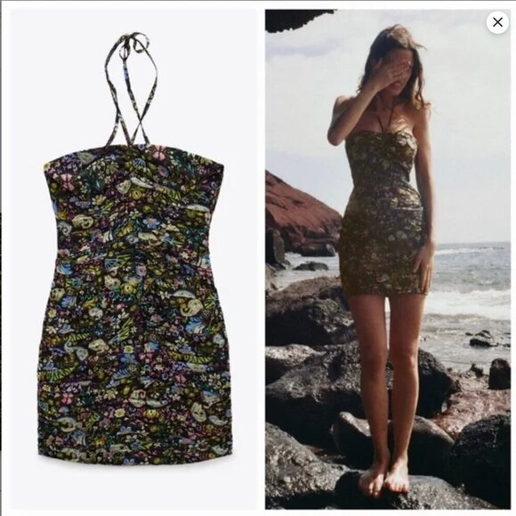 Zara Dresses & Skirts - Zara Ruched Floral Tie Up Bodycon Mini Dress Size M NEW WITH TAG!